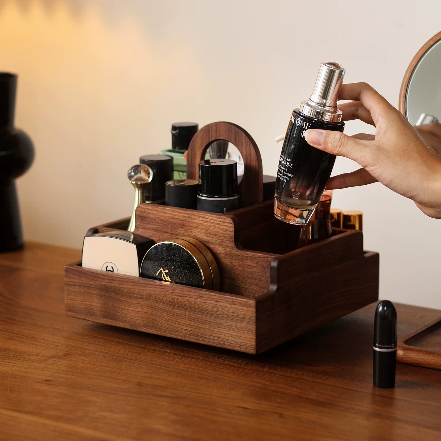 Beautra wooden rotating makeup organizer in black walnut