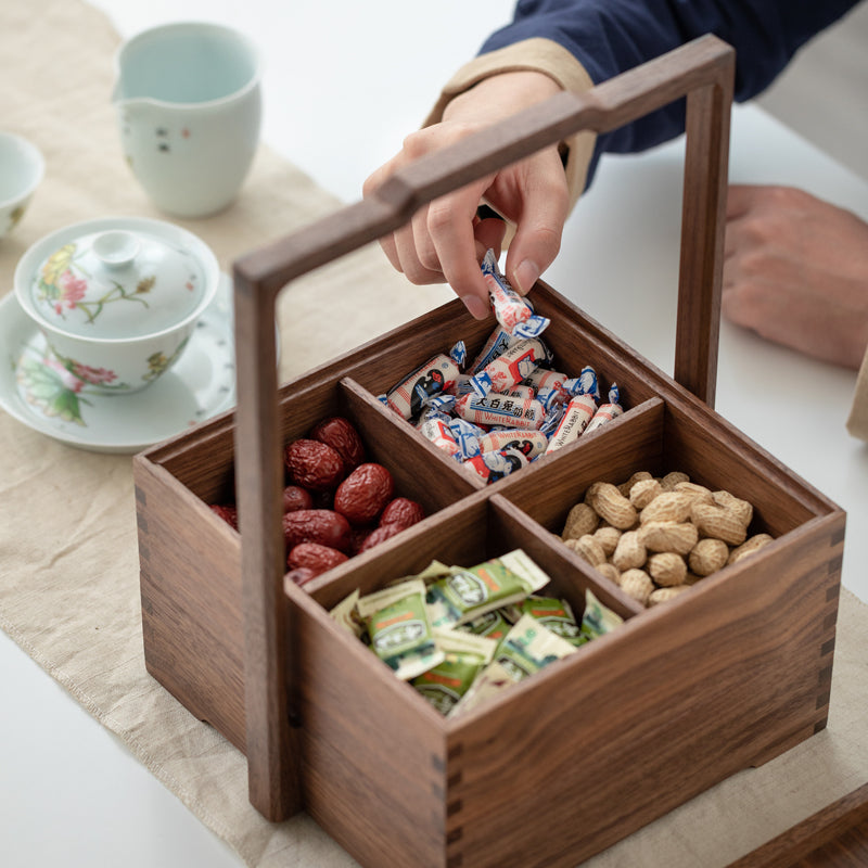 Black Walnut multi-layer tea storage box with handle front view