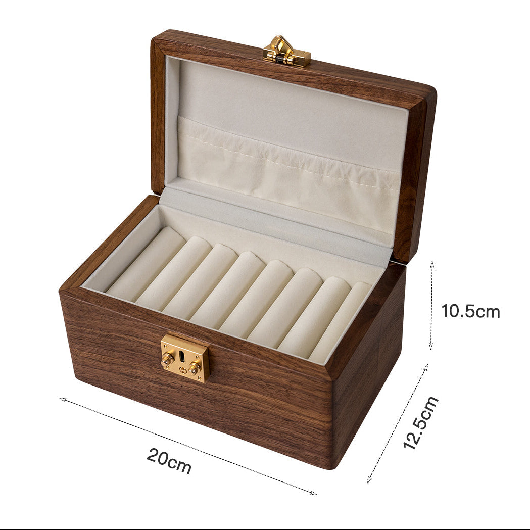 Close-up of black walnut jewelry box with clean minimalist design