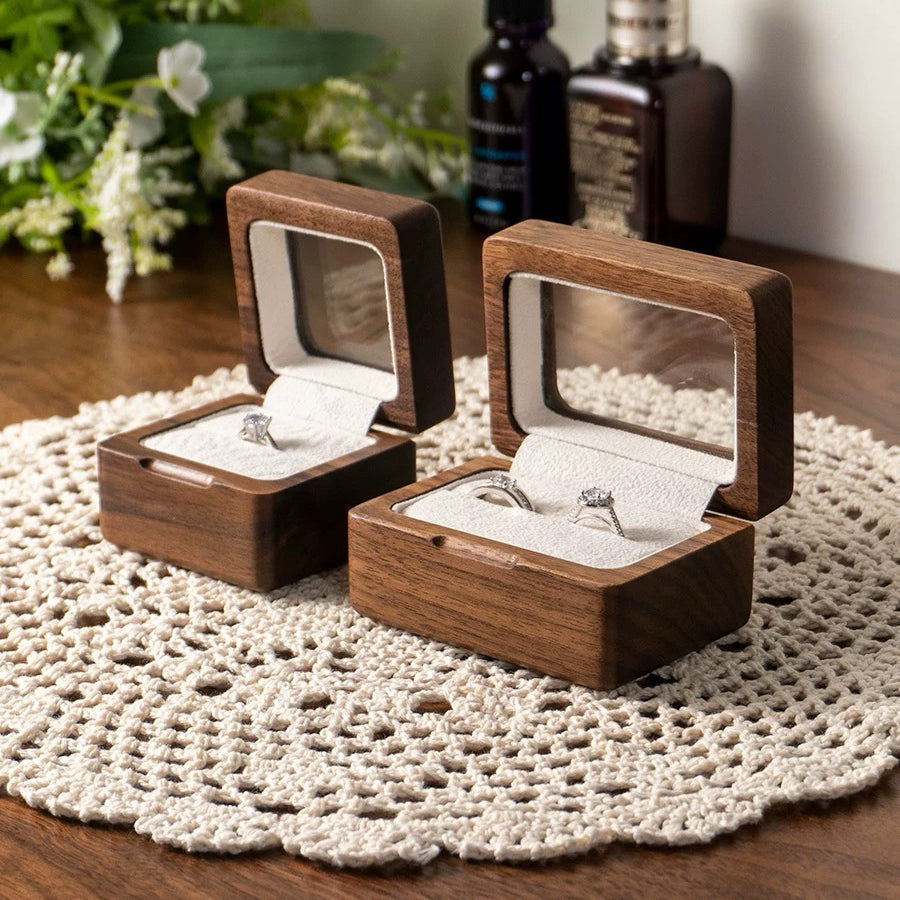 Close-up of solid wood ring box with smooth natural finish