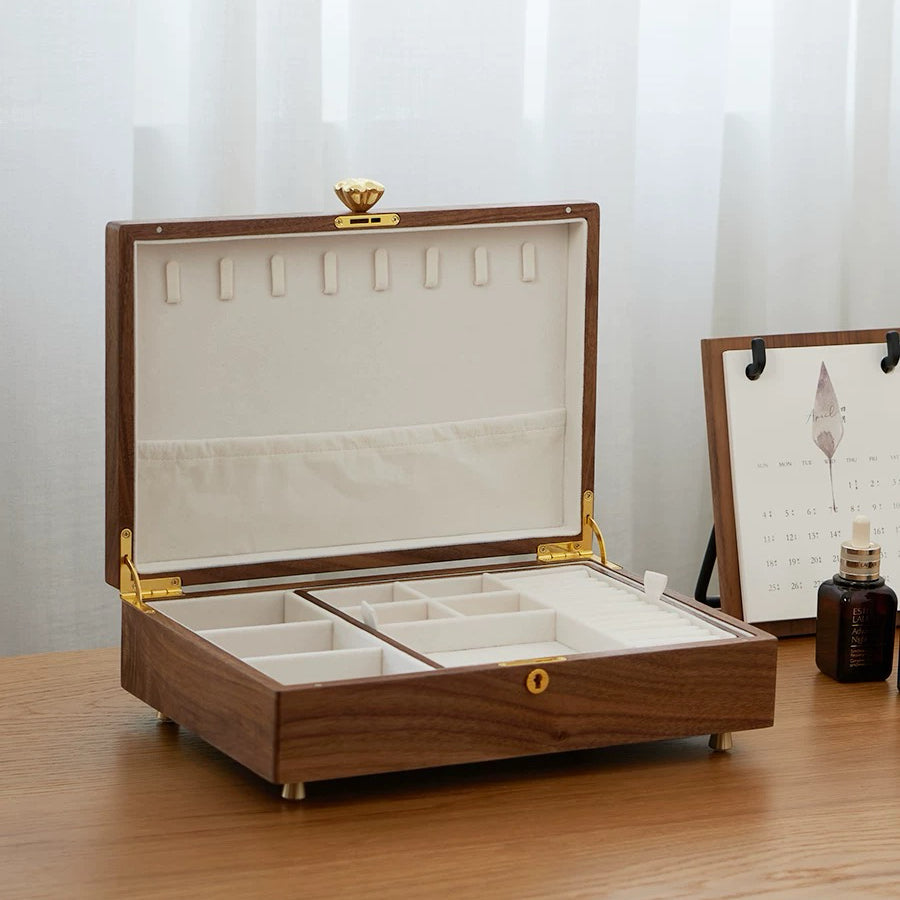 Double-layer jewelry box crafted from solid walnut wood