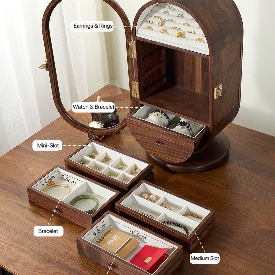 Elegant solid walnut jewelry cabinet with mirror top