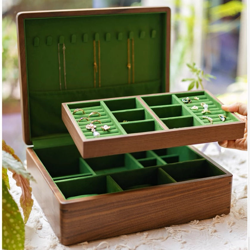 Elegant walnut jewelry box with glass top design