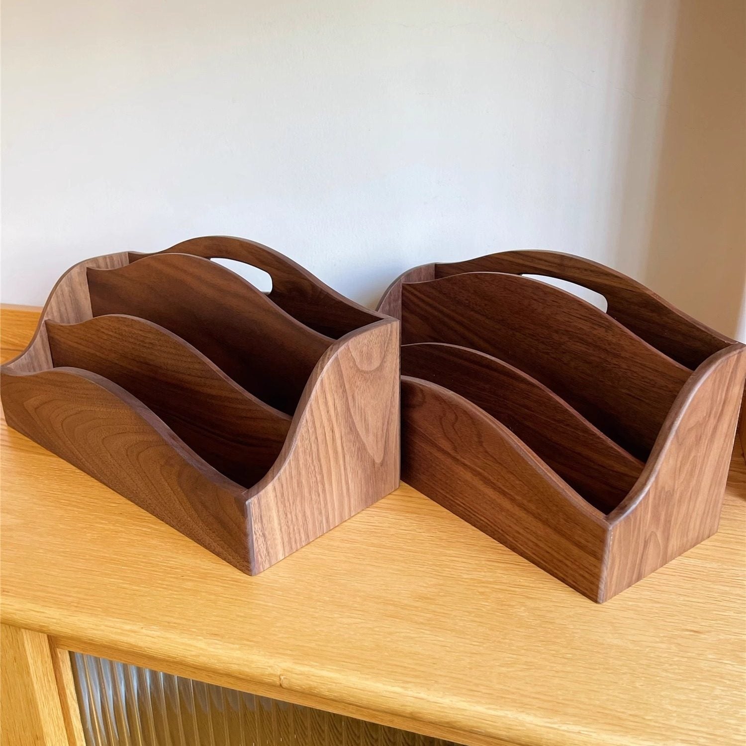 Elegant walnut magazine rack with clean lines