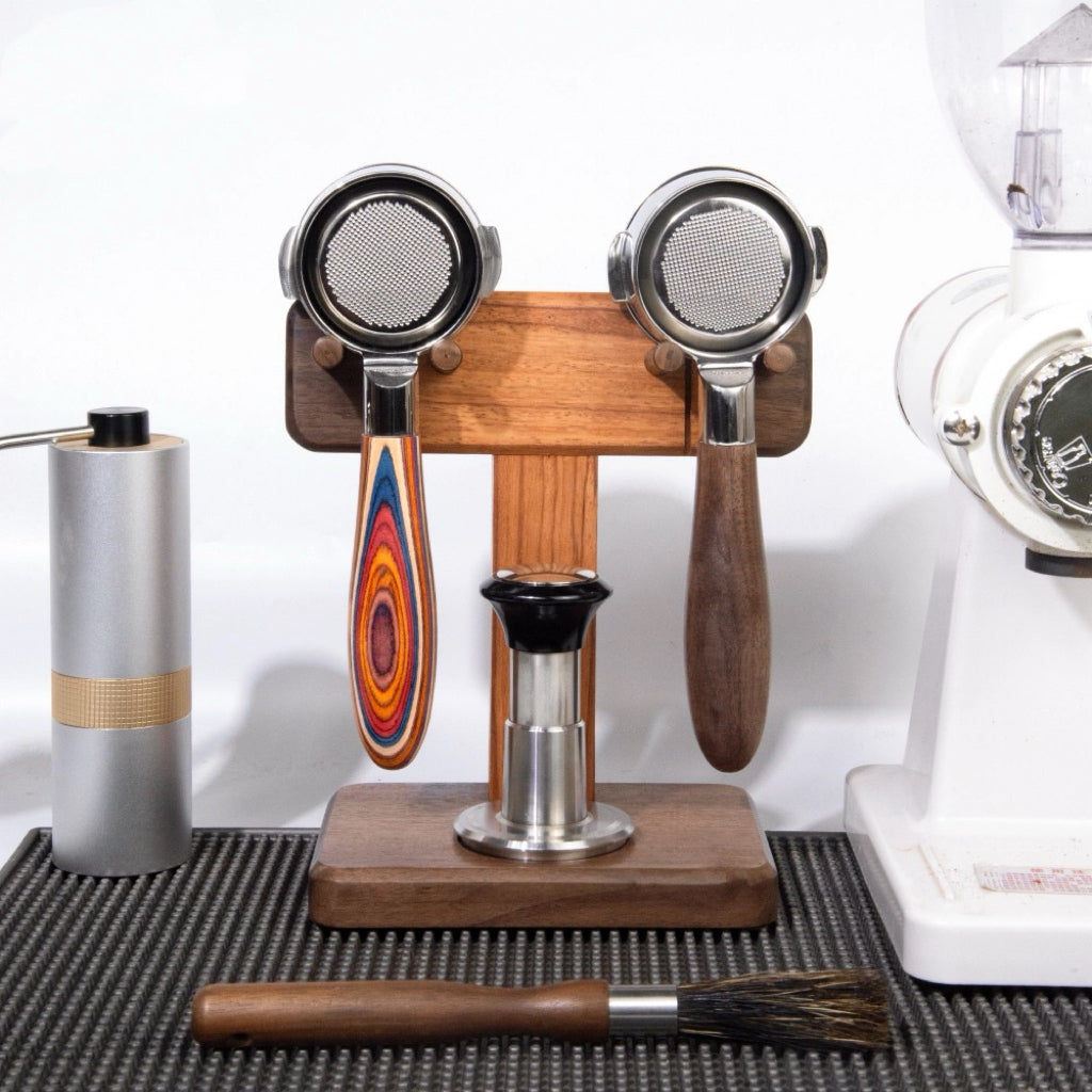 Gason solid walnut stand holding coffee portafilter