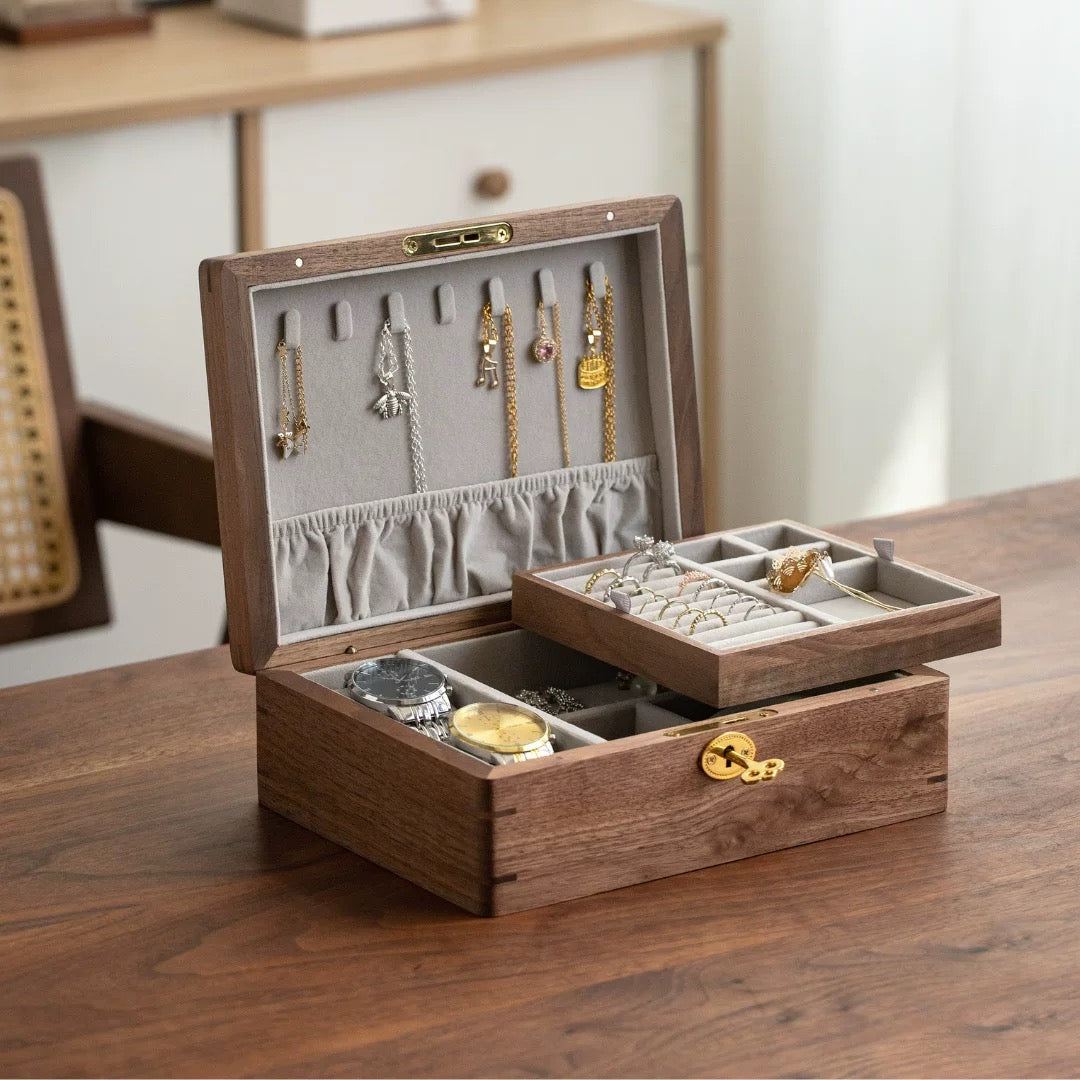 Halorin Solid Walnut Two-Tier Jewelry Box