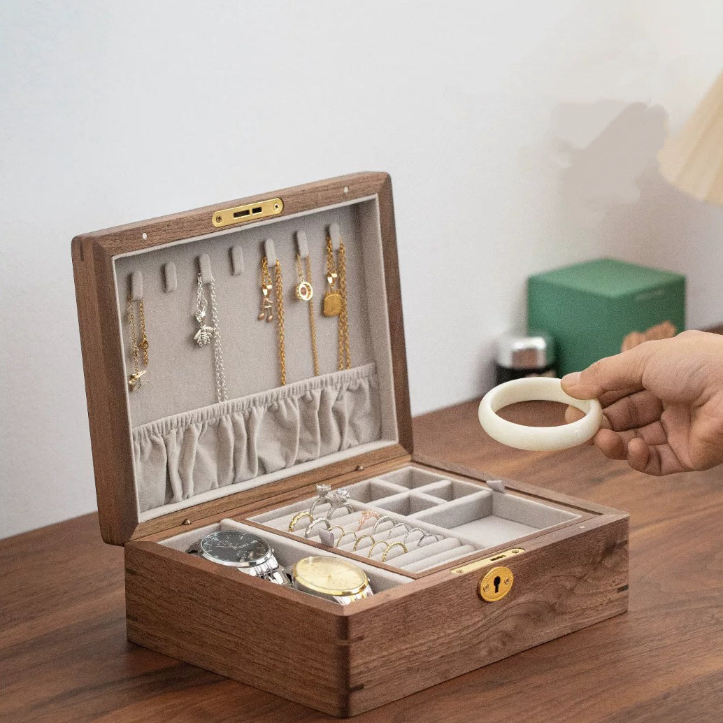 Halorin handcrafted walnut jewelry box with double layers