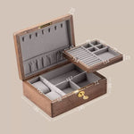Halorin walnut jewelry box with upper and lower compartments