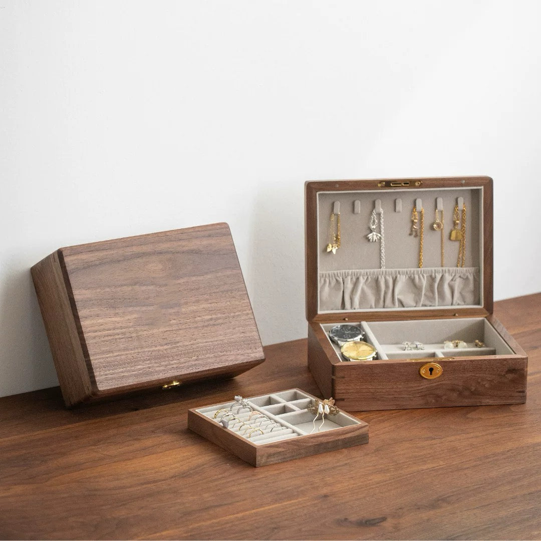 Halorin wooden jewelry box with dual-level storage