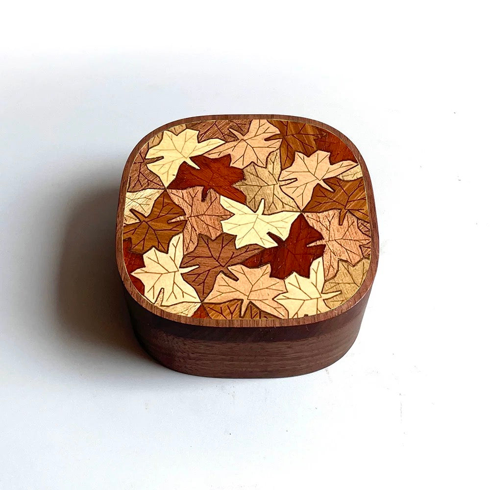 Inlaya Handmade Walnut Retro Print Magnetic Jewelry Box with earrings inside