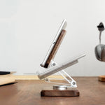 Kivo Black Walnut Tablet Stand holding tablet in landscape