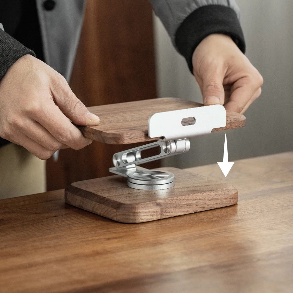 Kivo Black Walnut Tablet Stand in portrait orientation