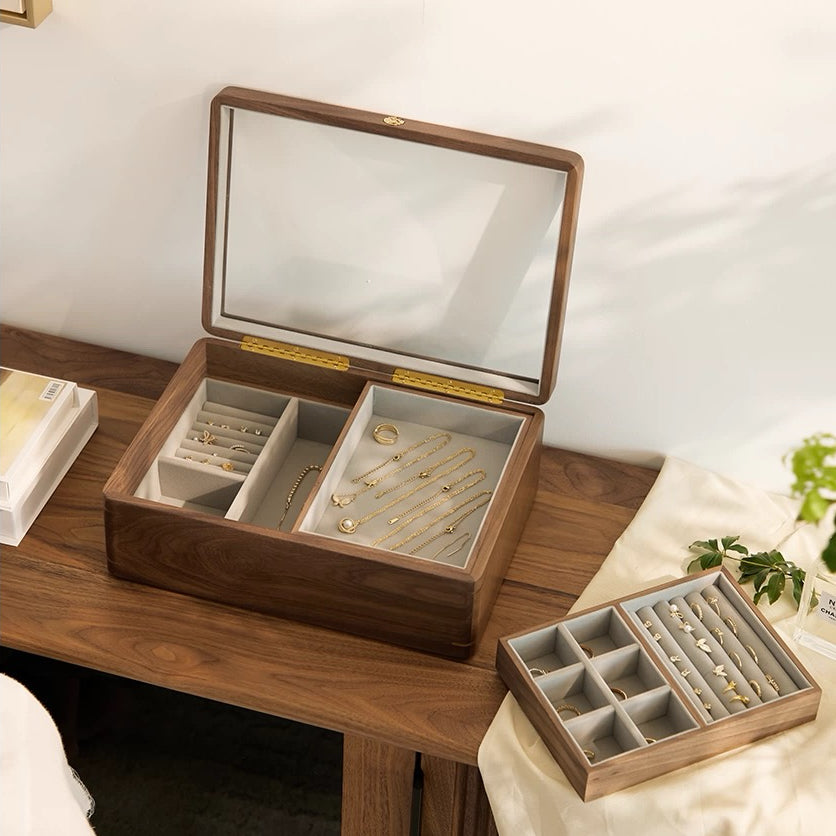 Lucent wooden jewelry box with clear glass lid