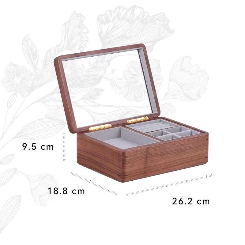 Lucent wooden jewelry organizer with transparent glass cover