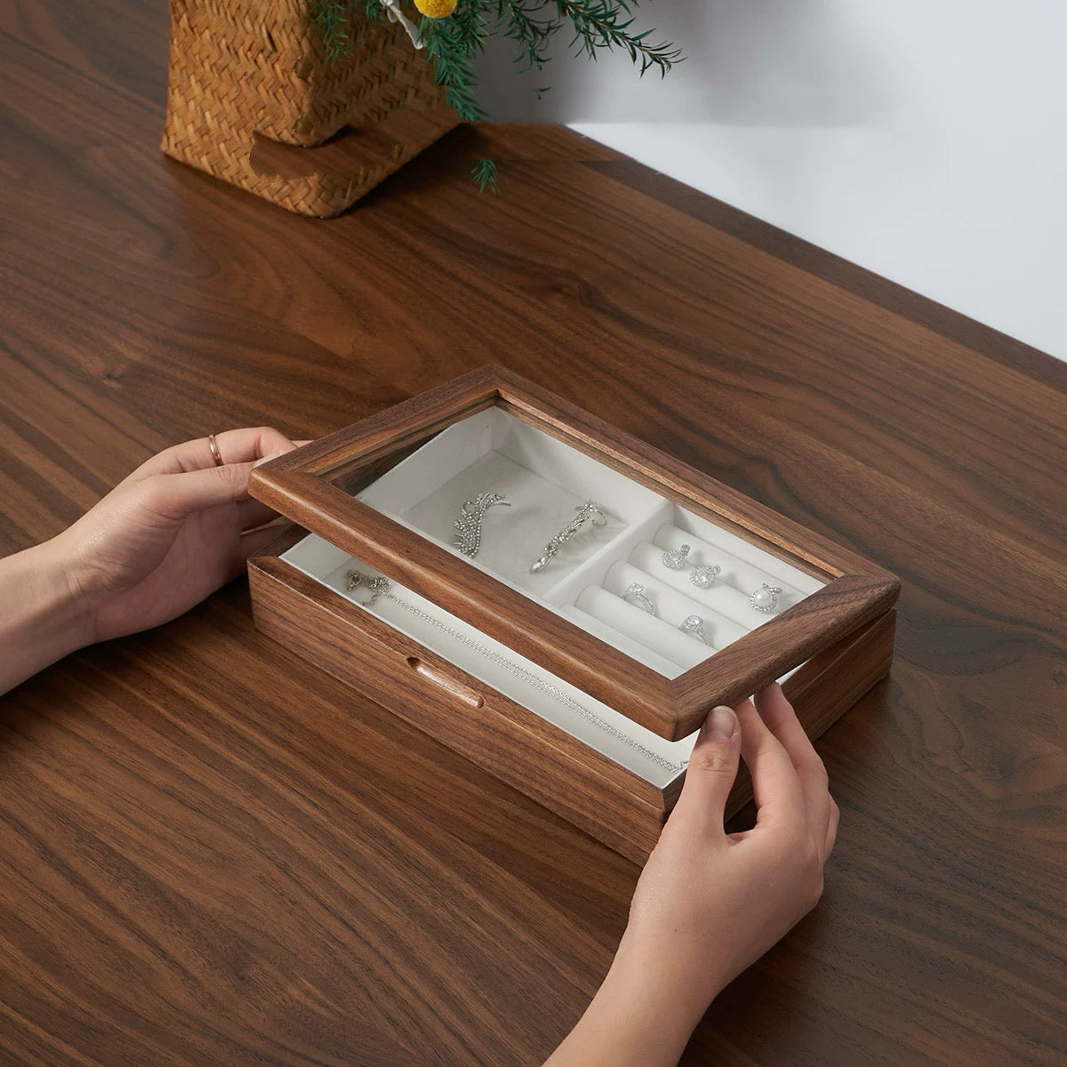 Lumelle natural walnut jewelry box for rings and earrings