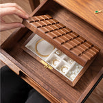 Lunara Chocolate Black Walnut Jewelry Box on wooden table