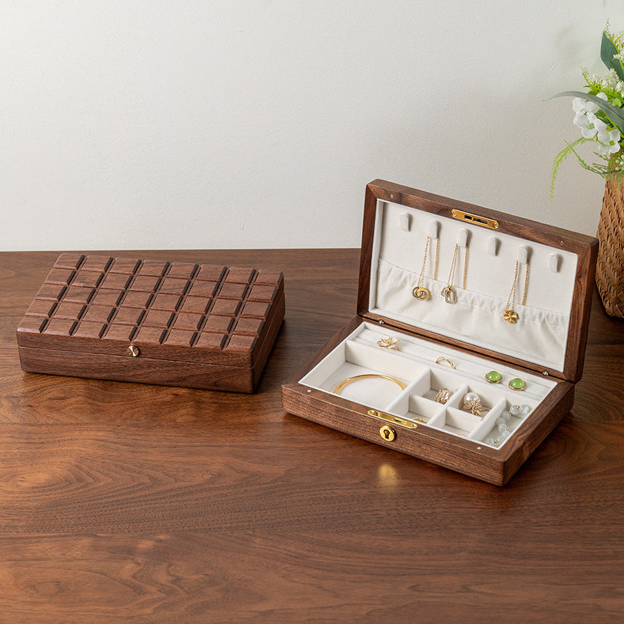 Lunara Chocolate Black Walnut Jewelry Box with intricate craftsmanship