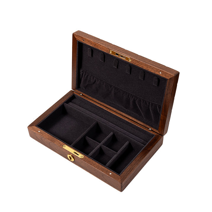 Lunara Chocolate Black Walnut Jewelry Box with rings and bracelets