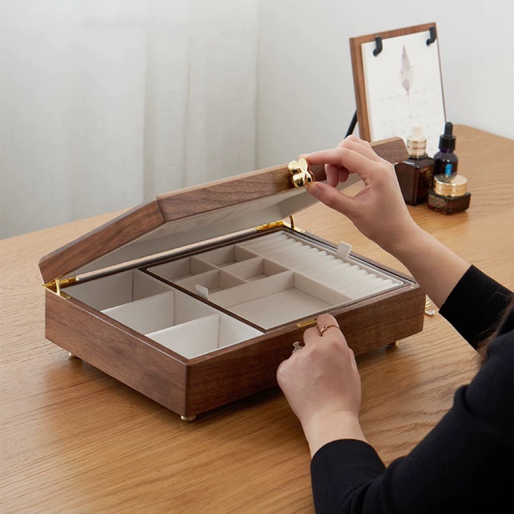 Luxury double-tier jewelry storage box made of solid walnut
