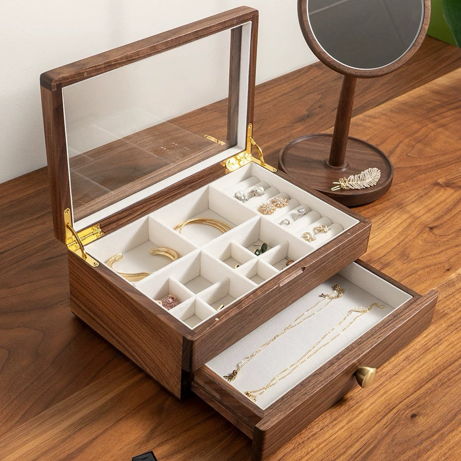 Luxury solid walnut jewelry box with two stacked layers