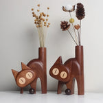 Meow Themed Natural Wood Flower Vase