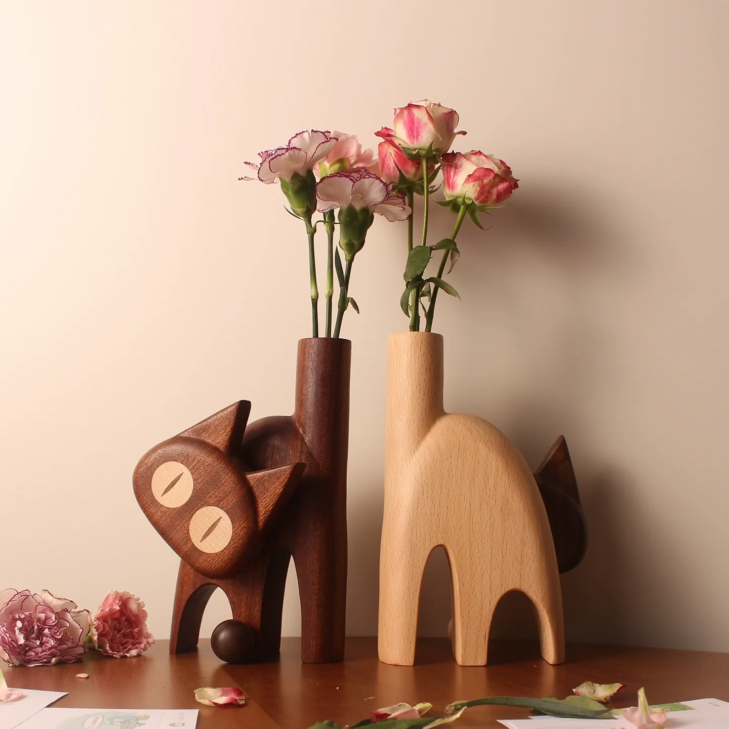 Handcrafted Meow Natural Wooden Flower Vase