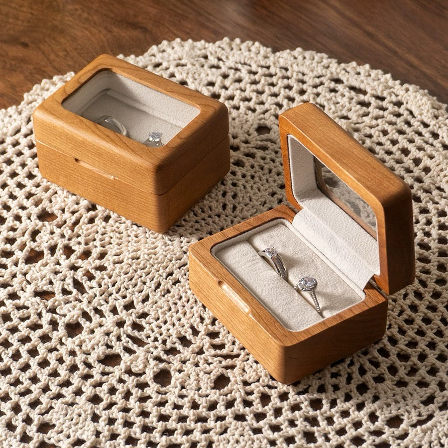 Minimalist natural wood ring box with soft interior lining