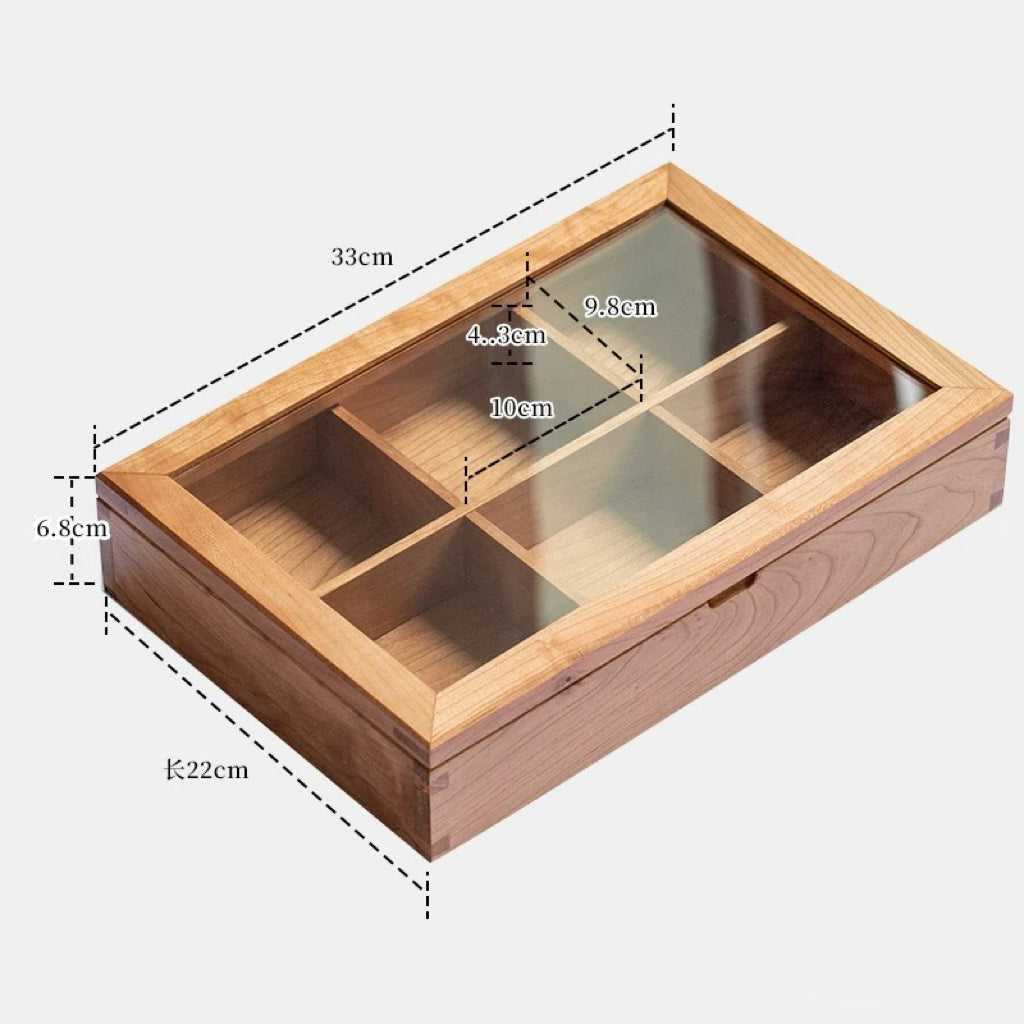 Minimalist wooden jewelry box with glass top on shelf