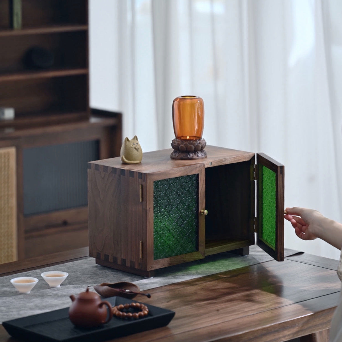 Mossaire Solid Walnut Storage Cabinet with Green Embossed Glass Doors