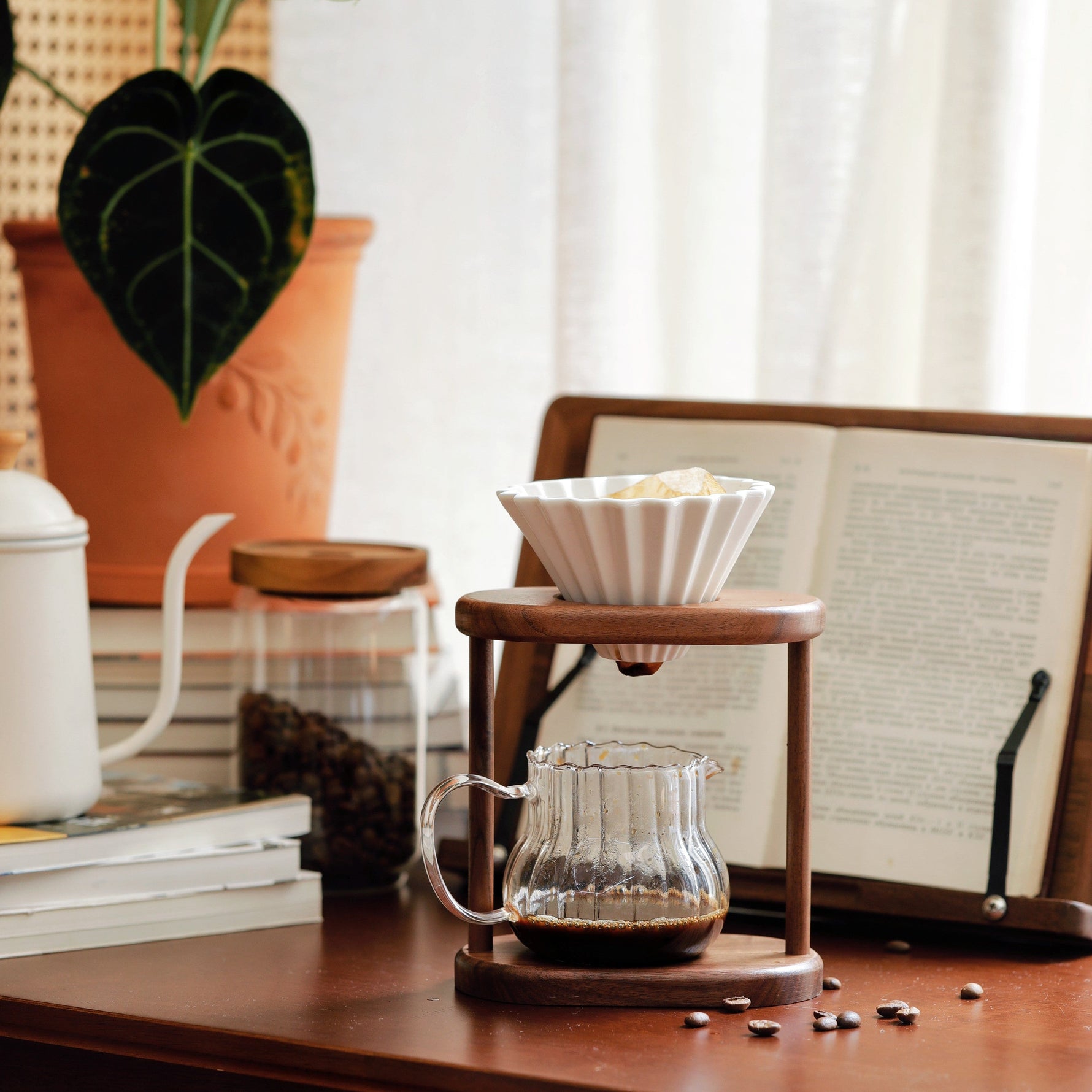 Mossi pour-over coffee stand with natural walnut grain