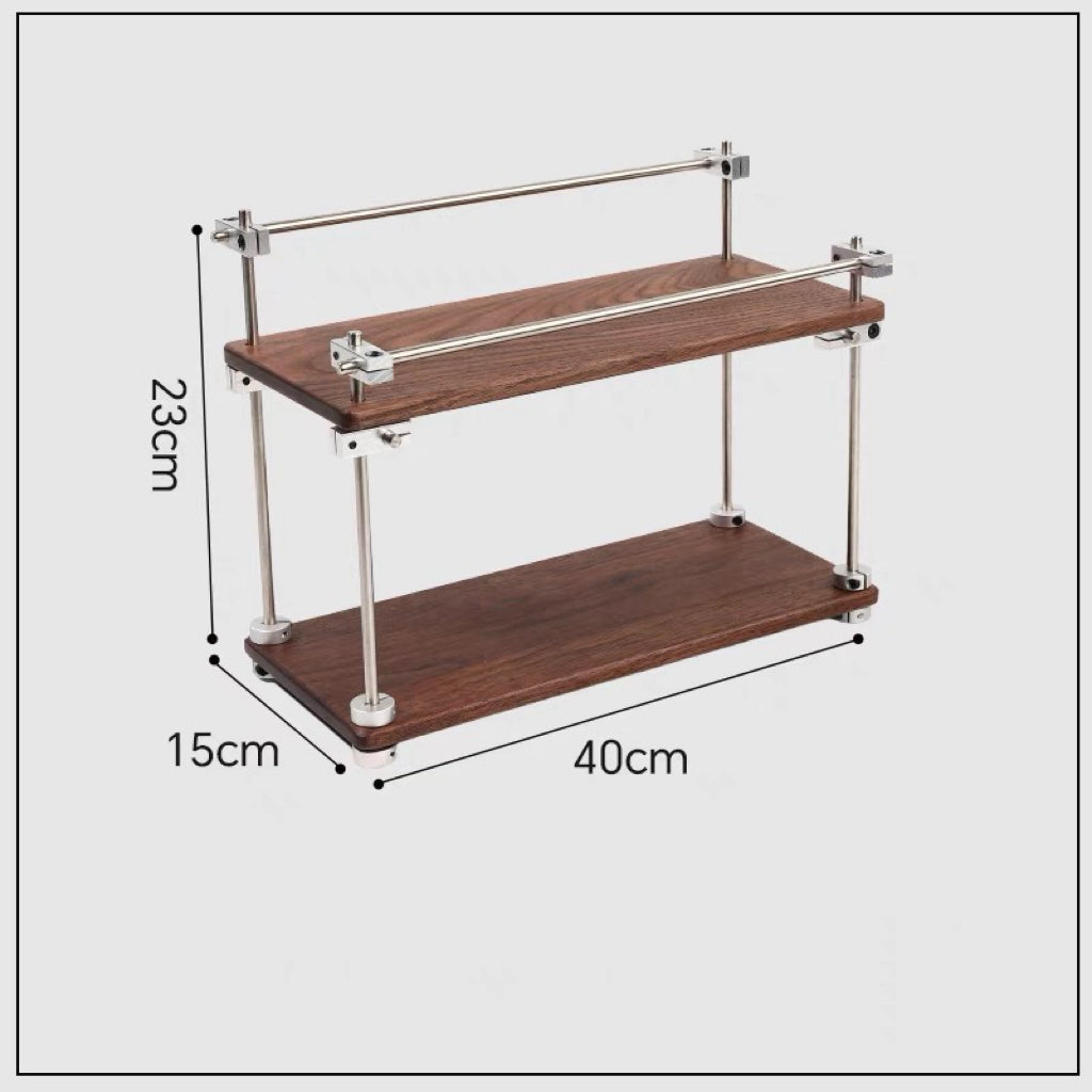 Multi-level walnut rack for clean workspace layout