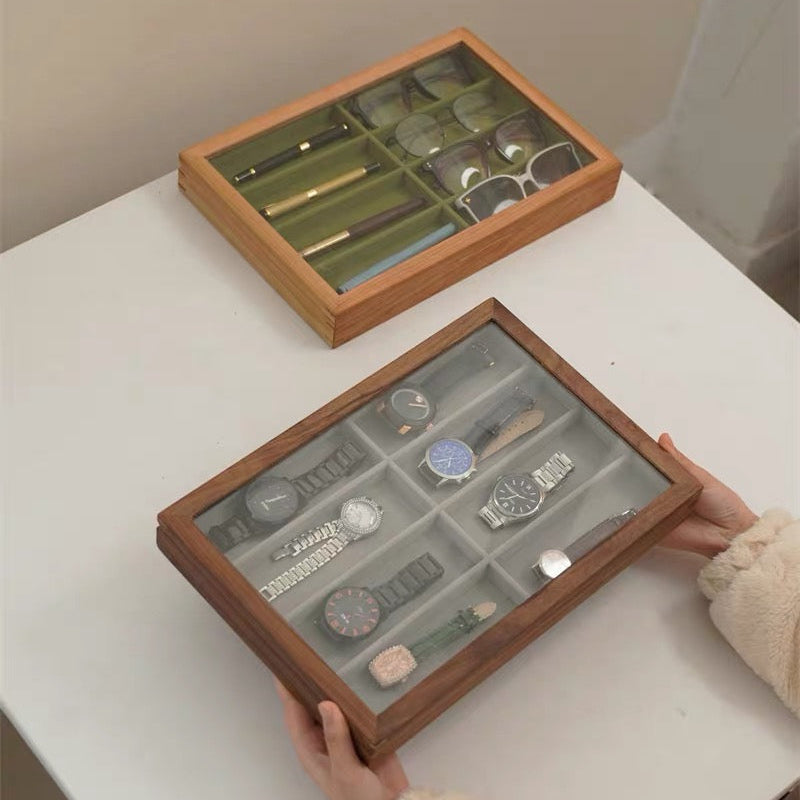 Natural solid wood sunglasses organizer with multiple slots