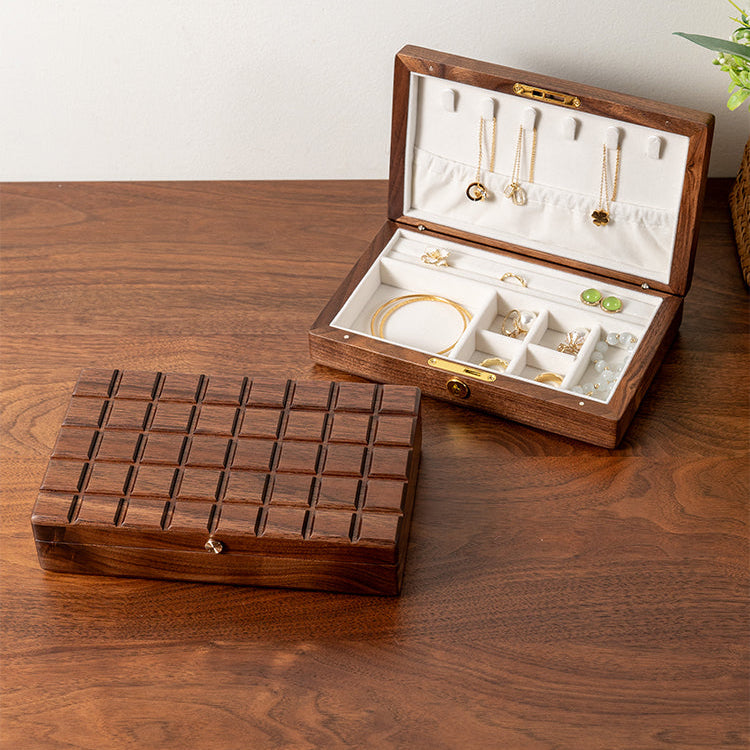 Open Lunara Chocolate Black Walnut Jewelry Box with rings inside