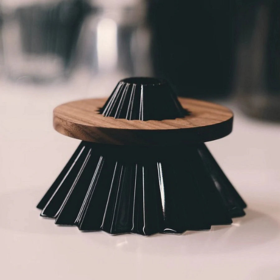 Origami walnut dripper stand for pour-over coffee