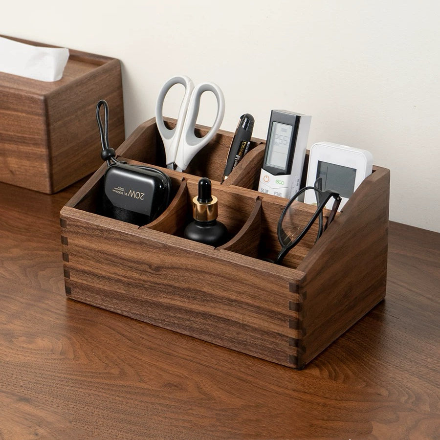 Pivo Black Walnut Remote & Desktop Organizer Box on desk