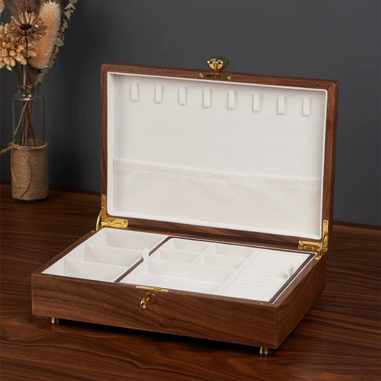 Premium solid walnut jewelry box with two stacked layers