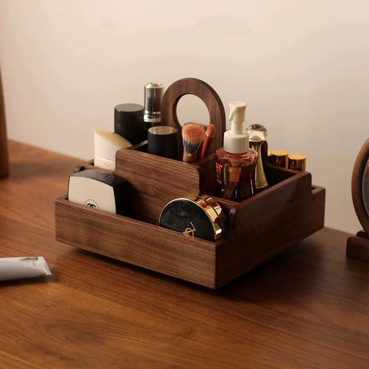 Rotating wooden makeup organizer for vanity setup