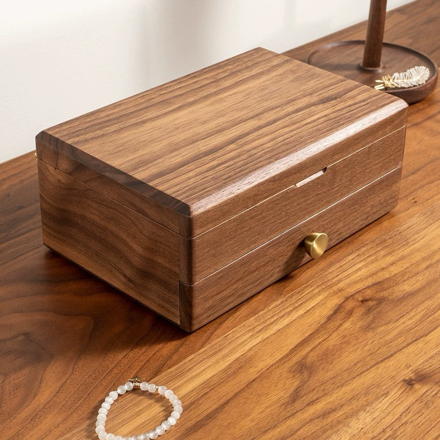 Serenna handcrafted walnut jewelry box with two tiers