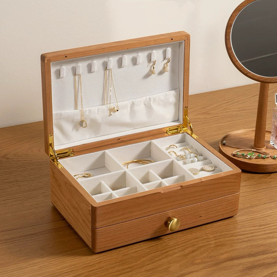 Serenna walnut jewelry box with upper and lower compartments