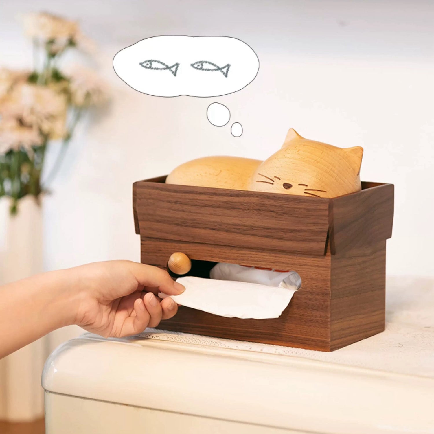 Sleepy Kitty Wooden Tissue Box