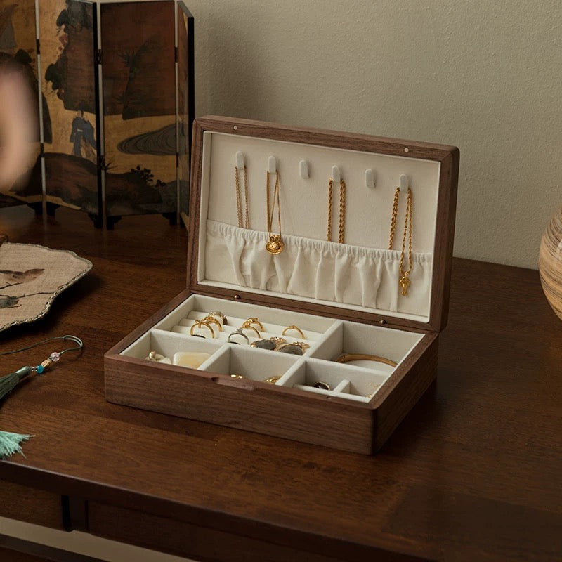 Solara Black Walnut Embroidered Jewelry Box with necklace displayed
