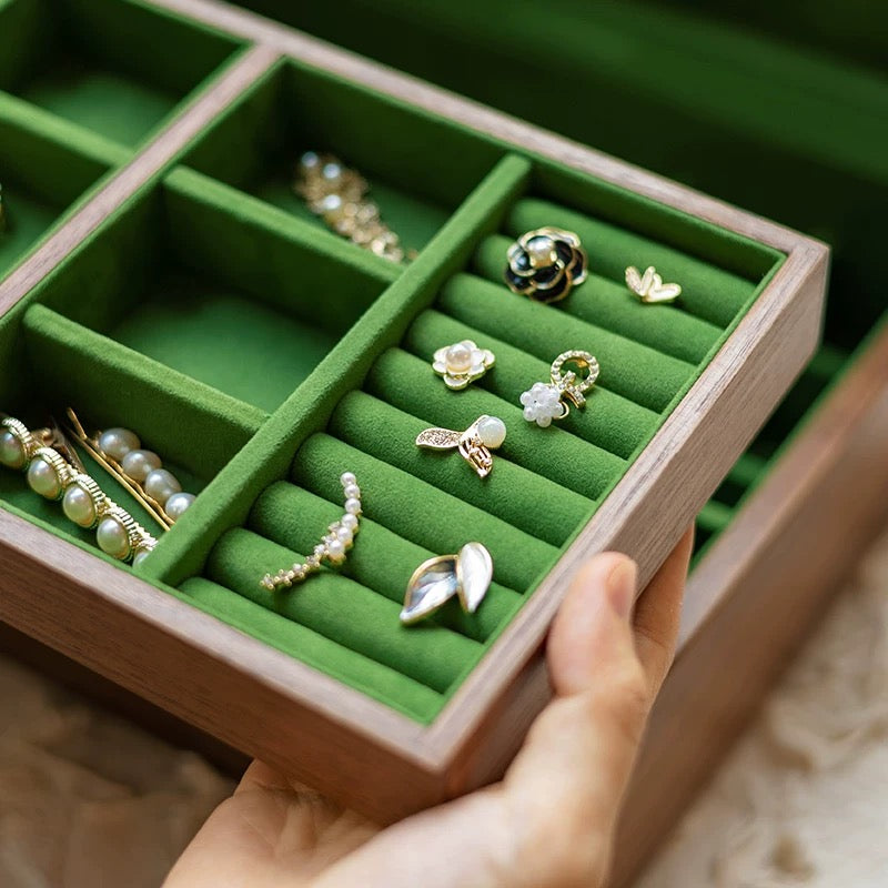 Solid walnut double-layer jewelry organizer box