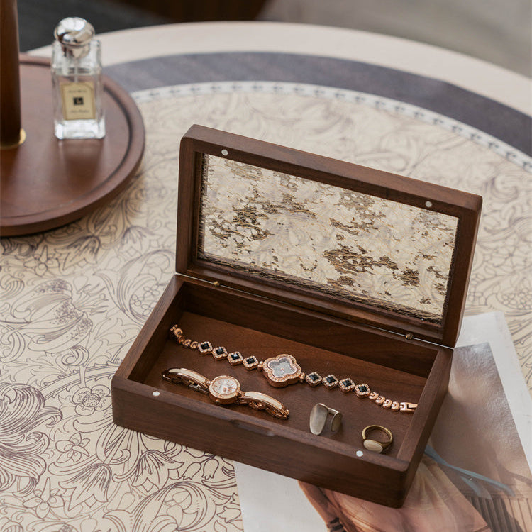Solid walnut jewelry box with decorative laminated tempered glass
