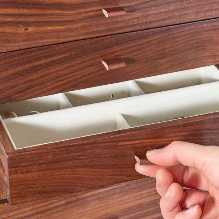 Solid walnut jewelry cabinet featuring built-in vanity mirror