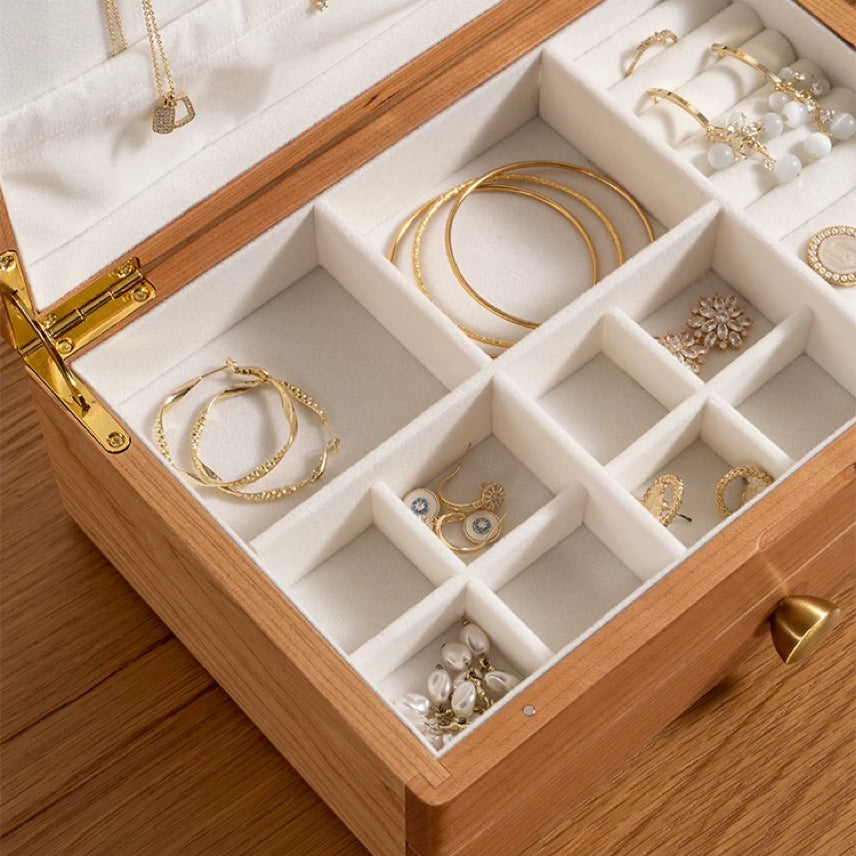 Solid walnut jewelry storage box with double-level design