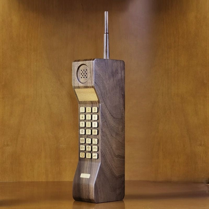 Vintage-style walnut brick phone model for desk decoration and bottle opening