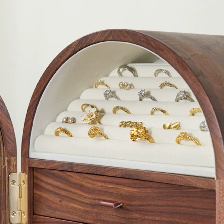 Walnut jewelry organizer cabinet with mirrored lid