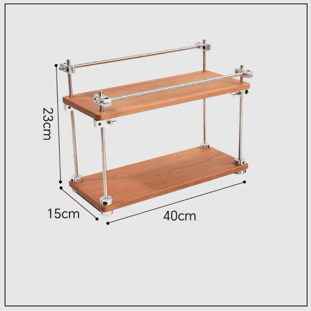 Walnut multi-tier organizer rack with natural wood texture