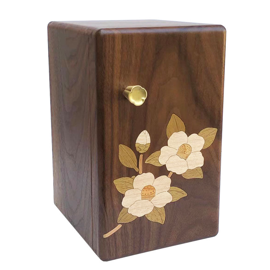Walnut organizer box with floral engraving on lid