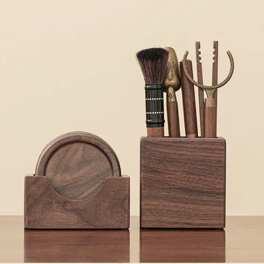 Walnut wood tea tool set with six traditional pieces